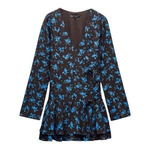 💙 ZARA Brown & Blue Floral V-Neck Ruffle Hem Dress – Size S | New with Tags